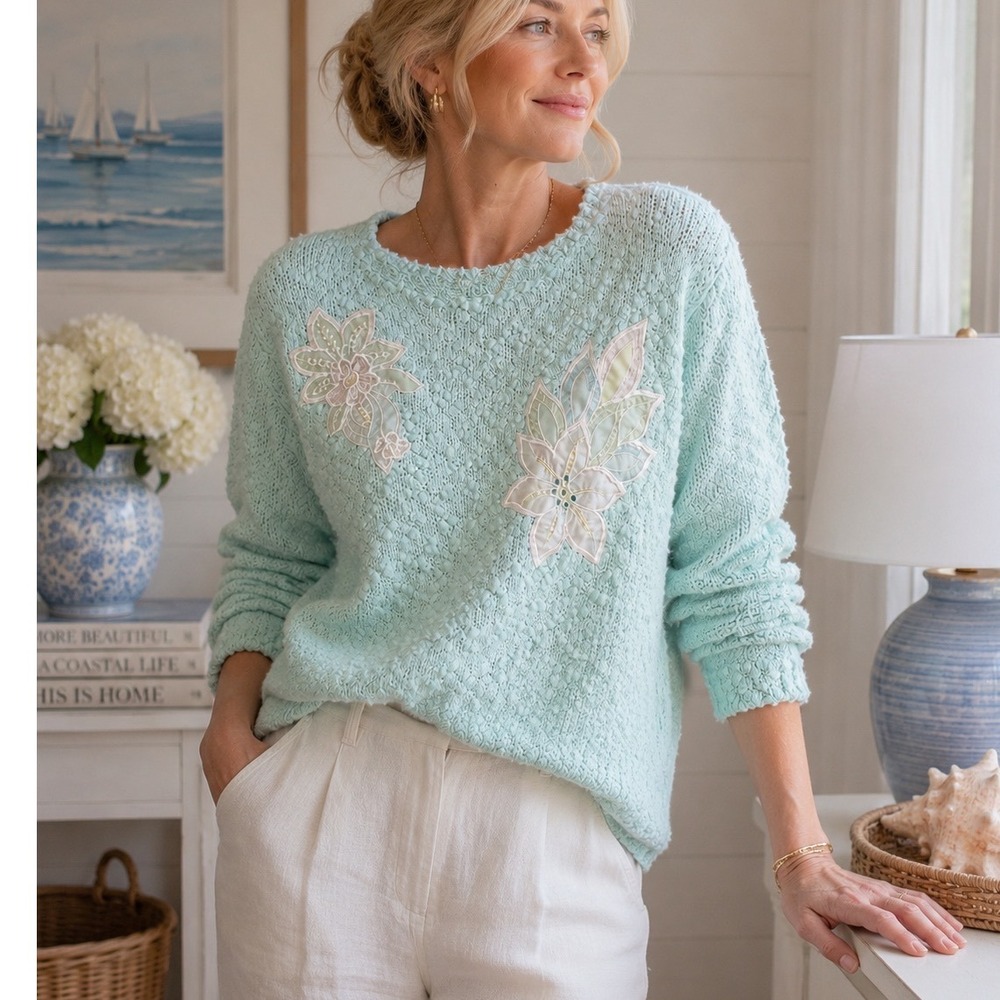 YarnWorks Vintage Floral Applique Textured Knit Sweater Mint Size S Cottagecore